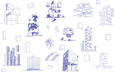 many hand drawn architectectural sketches of a modern abstract architecture nad geometric objects and urban ideas and drafts