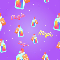The magic mana of a unicorn seamless pattern. Rainbow liquid with star in the bottle