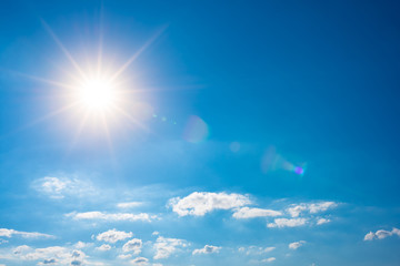 Summer background, blue sky with white clouds and sun