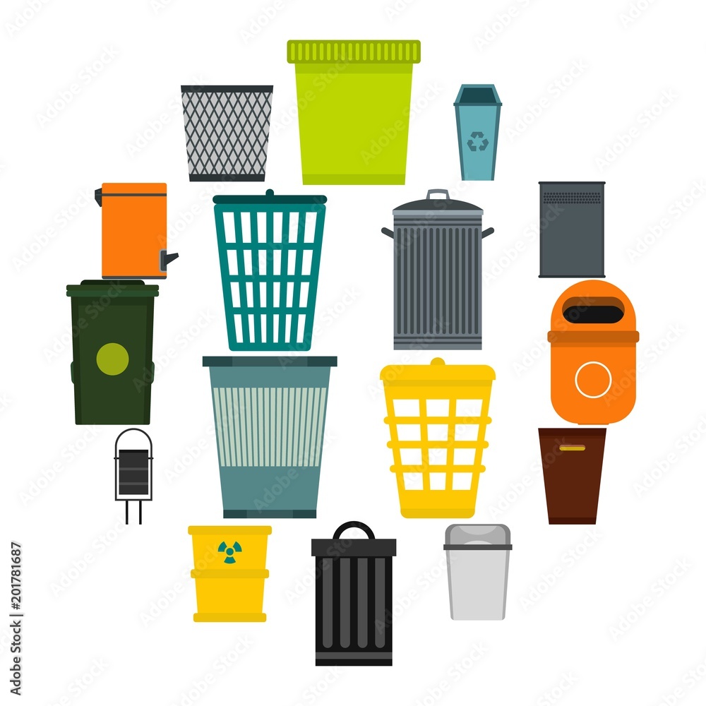 Poster flat trash can icons set. universal trash can icons to use for web and mobile ui, set of basic trash