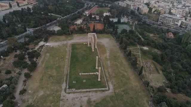 aerial view of Temple of Zeus at Olympia in Athens and modern part of the city