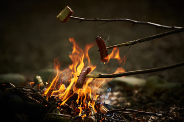 Kiełbasa pieczona nad ogniskiem w płomieniach ognia. 