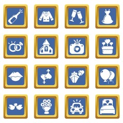 Wedding icons set vector blue square isolated on white background 