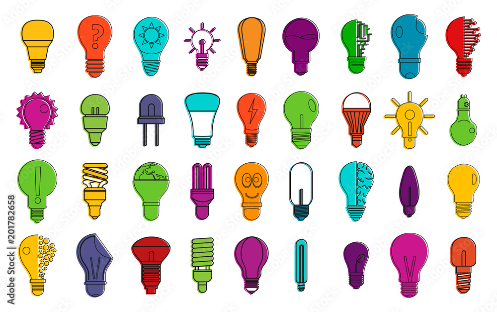 Poster bulb icon set. color outline set of bulb vector icons for web design isolated on white background