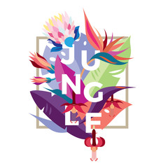 Print with tropical flowers and the word 