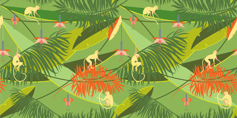 Fototapeta na wymiar Tropical Pattern. Pattern with tropical plants and animals in cartoon style. Background for textile, manufacturing, book covers, wallpapers, print or gift wrap. Vector illustration.