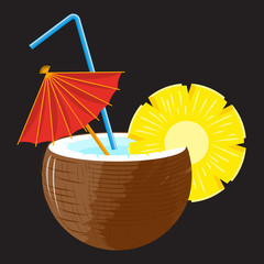 Pina colada cocktail in coconut with pineapple slice, red umbrella and straw on black background. Vector.