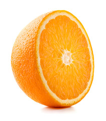 single half of ripe orange isolated on white background