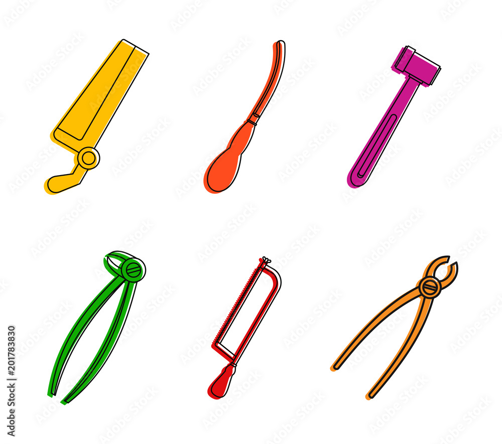 Poster surgery tool icon set. color outline set of surgery tool vector icons for web design isolated on whi