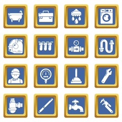 Plumber symbols icons set vector blue square isolated on white background 