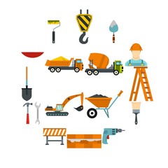 Construction icons set in flat style. Building tools set collection vector illustration