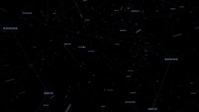 Conceptual business words motion with artistic lines and dots movement on black background. 