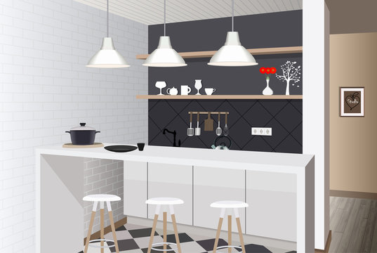 Kitchen interior background with furniture. Design of modern kitchen. Symbol furniture. Kitchen illustration
