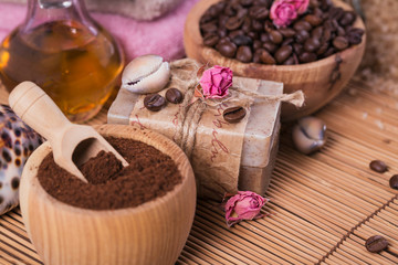 Natural handmade soap, aromatic cosmetic oil, sea salt with coffee beans