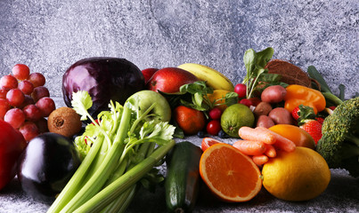 Composition with variety of raw organic vegetables and fruits. Balanced diet