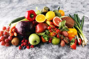 Composition with variety of raw organic vegetables and fruits. Balanced diet