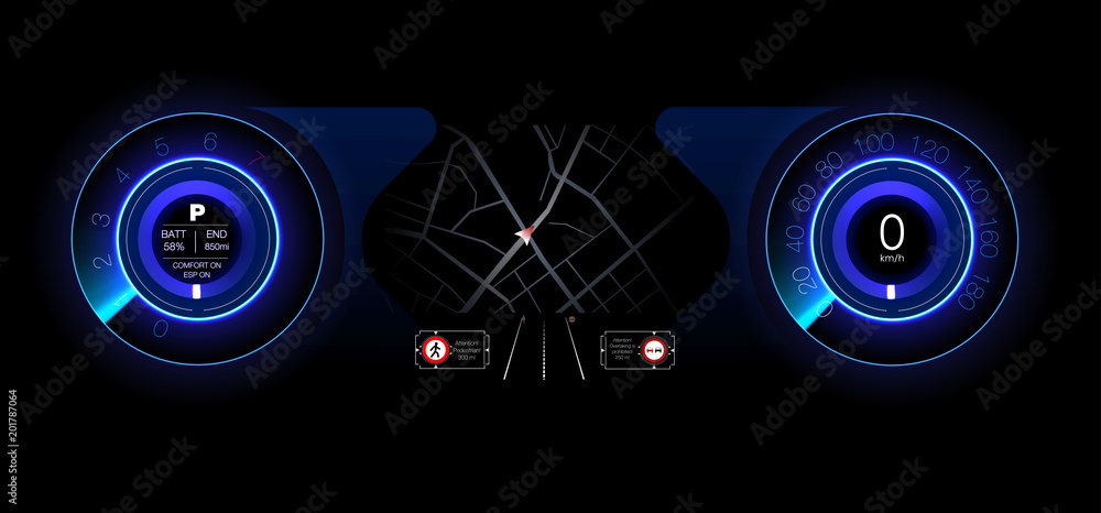 Poster automotive dashboard of the future. hybrid car. diagnostics and elimination of breakdowns. blue. hud