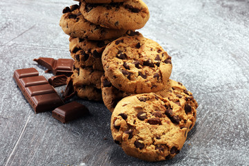 Chocolate cookies on rustic table. Chocolate chip cookies