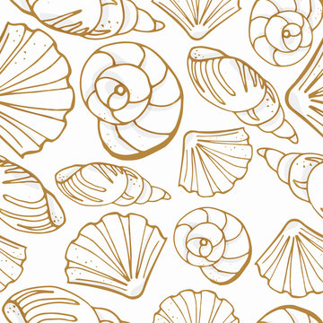 Seamless pattern from different kinds of sea shells. One-color silhouettes on white background. Vector illustration in sketch style.