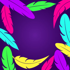 Fototapeta na wymiar Decorative rame witn colorful feathers on dark purple background. Place for your text. Vector illustration
