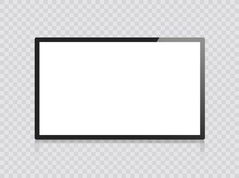 Frame TV. Monitor computer black photo frame isolated on transparent background. Vector blank screen lcd, plasma, panel TV for your design. Frontal view television. Vector illustration.