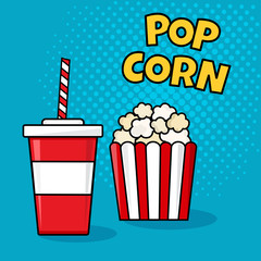 Glass of drink and popcorn. Vector illustration in pop art style.