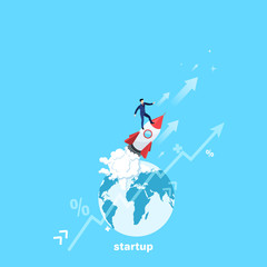 Obraz premium a man in a business suit is standing on a flying rocket and the globe, isometric image