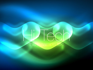 Blurred arrows in dark space. Neon pointers, glass glossy design, abstract shiny techno background, web banner