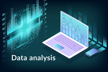 Data analysis vector illustration with isometric laptop, graphs and charts. Business concept of working process. Examining information analytics using technology and software.