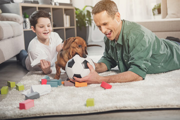 Cheerful dog is biting ball in male hands playfully. Father and son are looking at pet and smiling