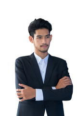 Portrait of handsome young businessman standing arms crossed isolated on white background.
