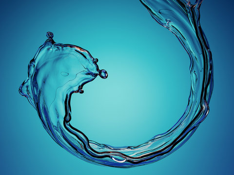 3d render, clear splash, water wave, curvy jet, wavy liquid, highlight reflection, digital illustration, curvy line, blue background