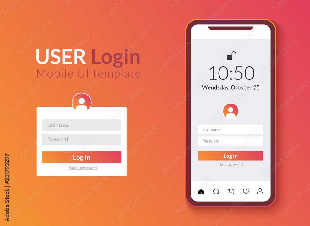 Poster user login interface smartphone template. mobile phone login ui clean design. vector account sign ap