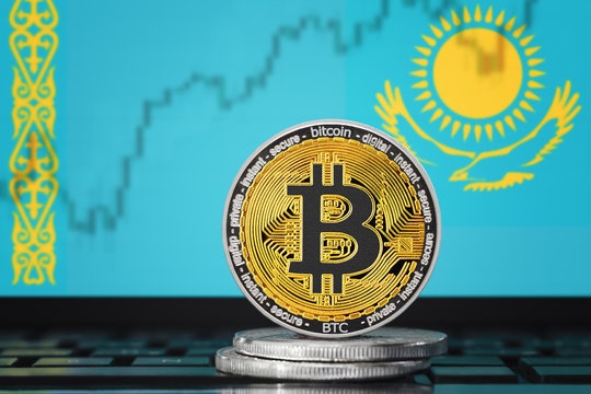 BITCOIN (BTC) cryptocurrency; coin bitcoin on the background of the flag of Kazakhstan