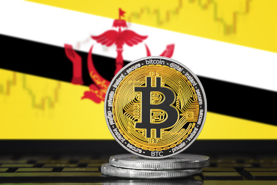 BITCOIN (BTC) cryptocurrency; coin bitcoin on the background of the flag of Brunei (Nation of Brunei, the Abode of Peace)