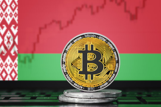 BITCOIN (BTC) cryptocurrency; coin bitcoin on the background of the flag of Belarus (Republic of Belarus)
