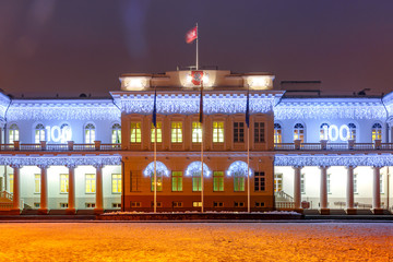 Decorated and illuminated facade of Presidential Palace at night of Vilnius, Lithuania, Baltic states.