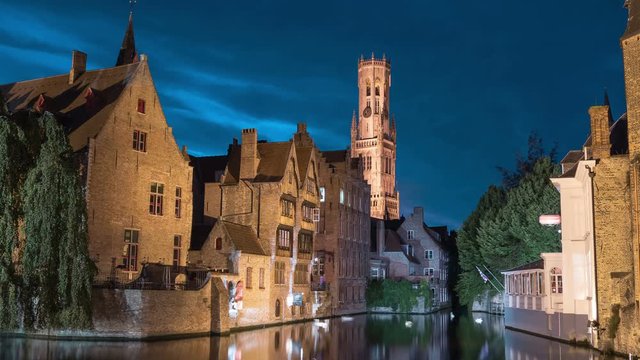 Evening timelapse of Dijver Canal in Bruges 