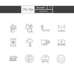 Line Icons Set of Technology Equipment, process, objects and tools elements. Cloud technology services, global connection, network, internet data technology. Logo icons vector illustration