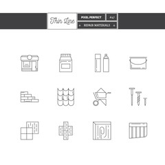 Line Icons Set of Repair Materials Icons set. Interior and repair objects. Icons for web and mobile app.