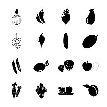 icon Fruits And Vegetables with perishable, mango tree, green plum, vintage and cocuber