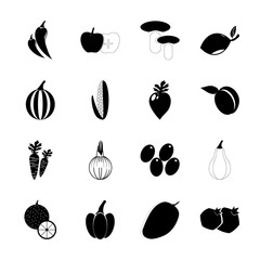 icon Fruits And Vegetables with fruit, pumpkin, bush pumpkin, lemon leave and forest