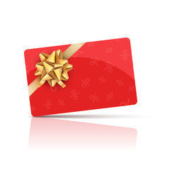 Red Gift card with gold bow and ribbon. Coupon gift card celebration design. Holiday vector card