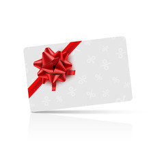 Gift card with red bow and ribbon. Coupon gift card celebration design. Holiday vector card
