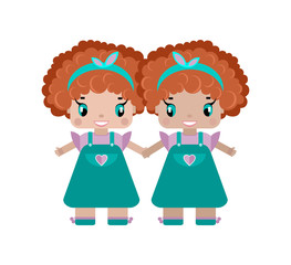 twins of a girl hold hands, two sisters are little cute girls with red curly hair, smile, with rims on their hair, in sarafans. In cartoon style