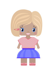little cute girl with blond hair and cut hair, smiling, wearing a trendy striped T-shirt and skirt. In cartoon style