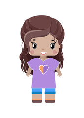 small sweet girl with long brown wavy hair, smiling, in a tunic and breeches (pajamas). In cartoon style