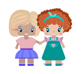 two girls girlfriends holding hands, blonde with quads and red curly girls in summer dressed, in cartoon style