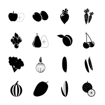 icon Fruits And Vegetables with plum tree, green plum, sprout, cuke and cocuber