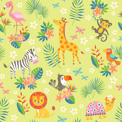 Seamless pattern of cute cartoon tropical animals on green background